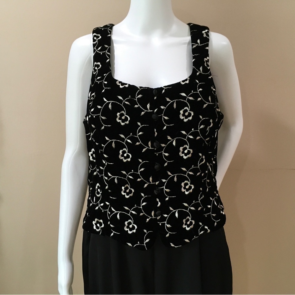 Ann Taylor Vintage 80s Embroidered Velvet Jumpsuit wide leg Black size 14 new - Picture 4 of 11